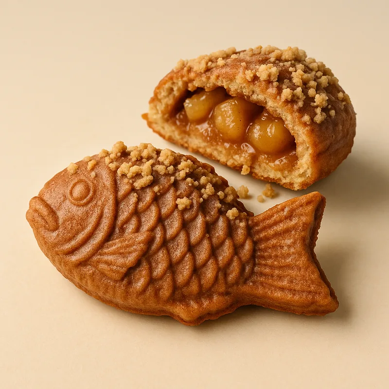An apple pie taiyaki with cinnamon glaze and streusel crumble.