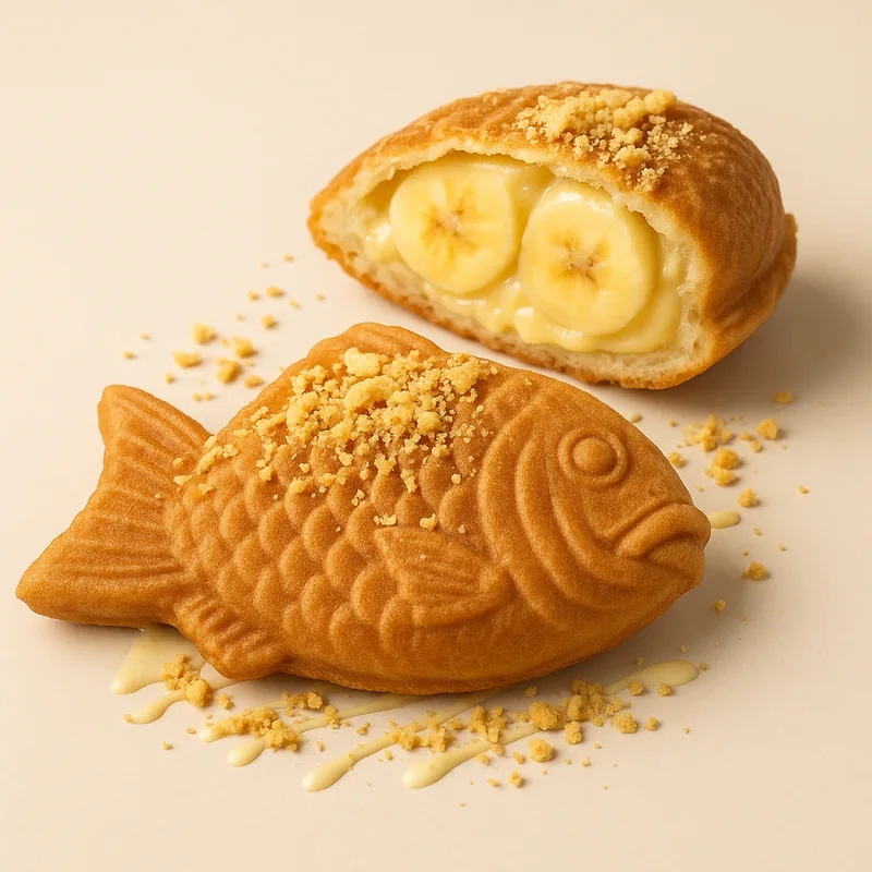 A banana pudding taiyaki topped with crushed vanilla wafers.