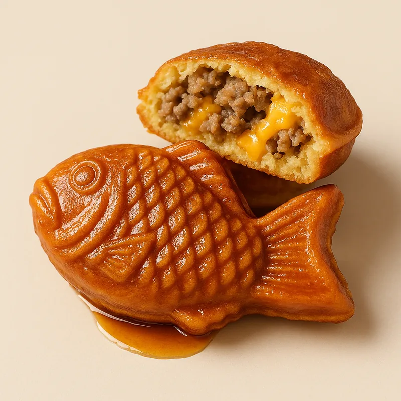 A maple-glazed savory taiyaki with sausage and cheese inside.