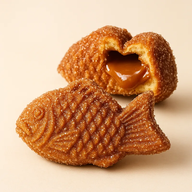 A churro taiyaki rolled in cinnamon sugar with dulce de leche inside.