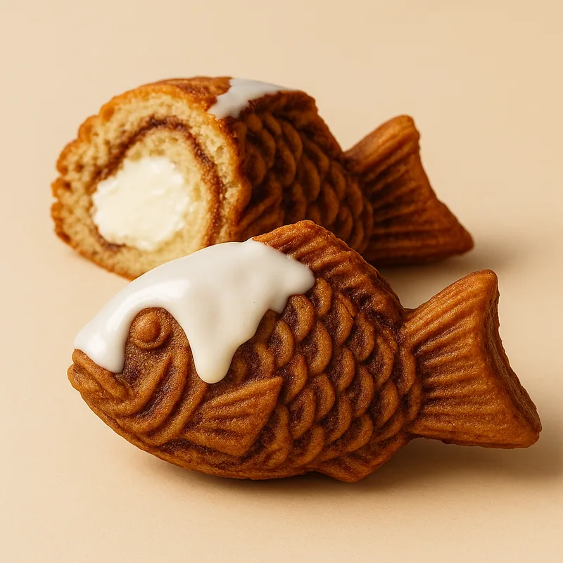 A cinnamon roll taiyaki with a cinnamon swirl and thick white glaze.