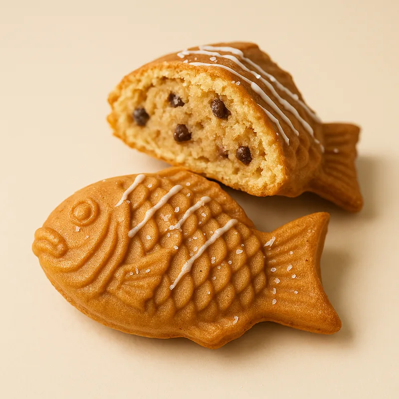 A taiyaki broken open to show cookie dough studded with chocolate chips.