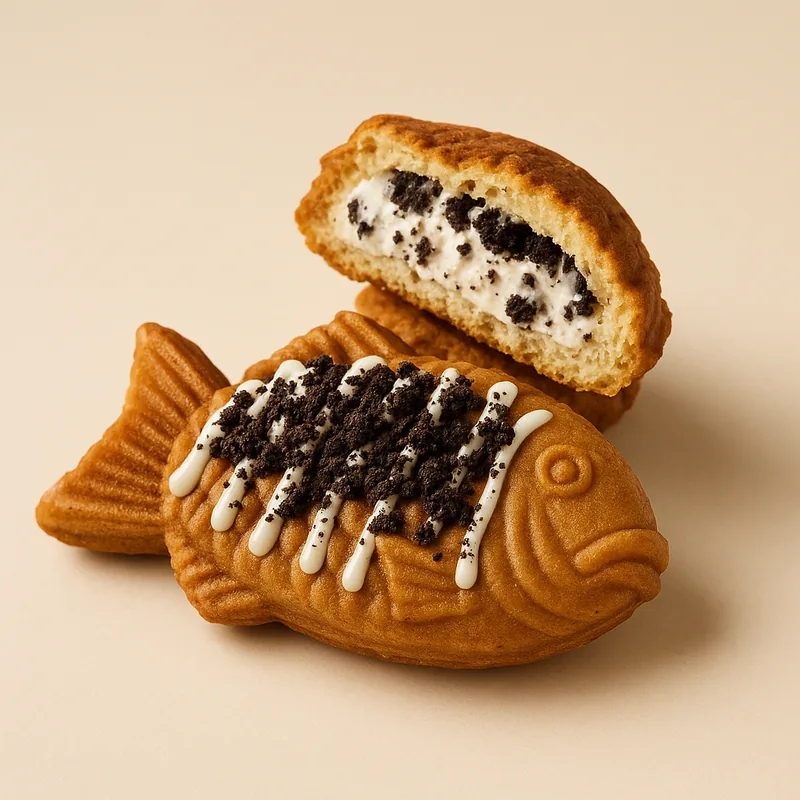 A cookies and cream taiyaki topped with crushed chocolate cookie crumbs.