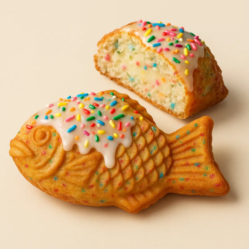 A funfetti taiyaki with sprinkles baked into the crumb and white glaze on top.