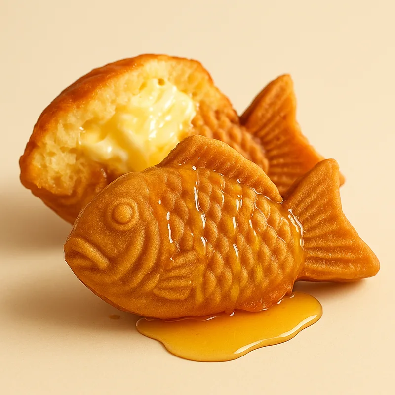 A taiyaki with honey running down the scales and honey butter melting inside.