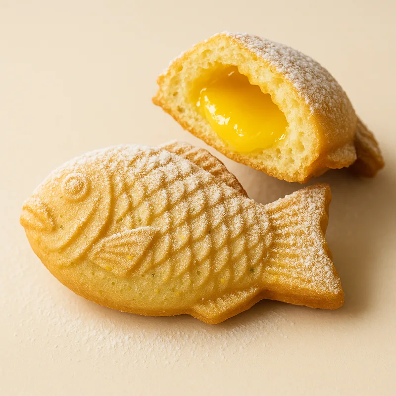 A lemon bar taiyaki heavily dusted with powdered sugar, lemon curd inside.