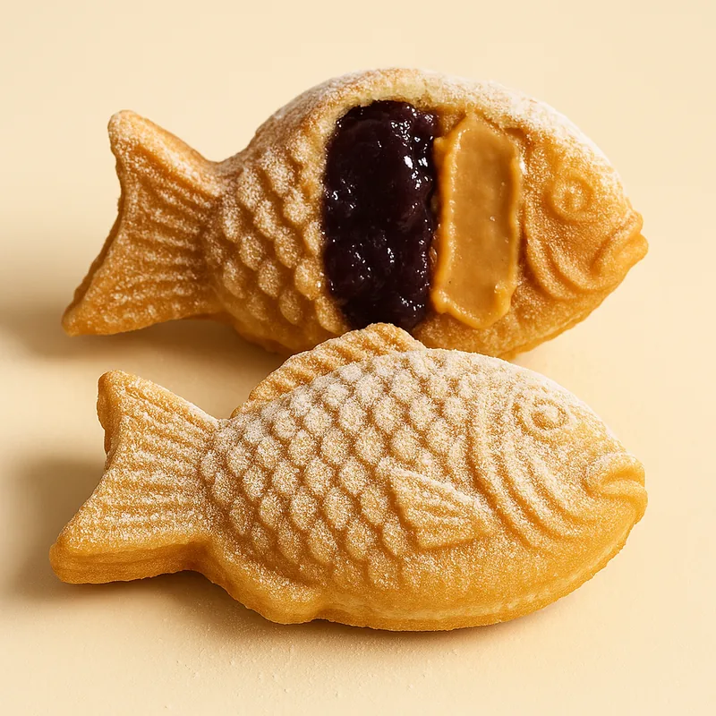 A powdered-sugar taiyaki broken open to show peanut butter and grape jam side by side.