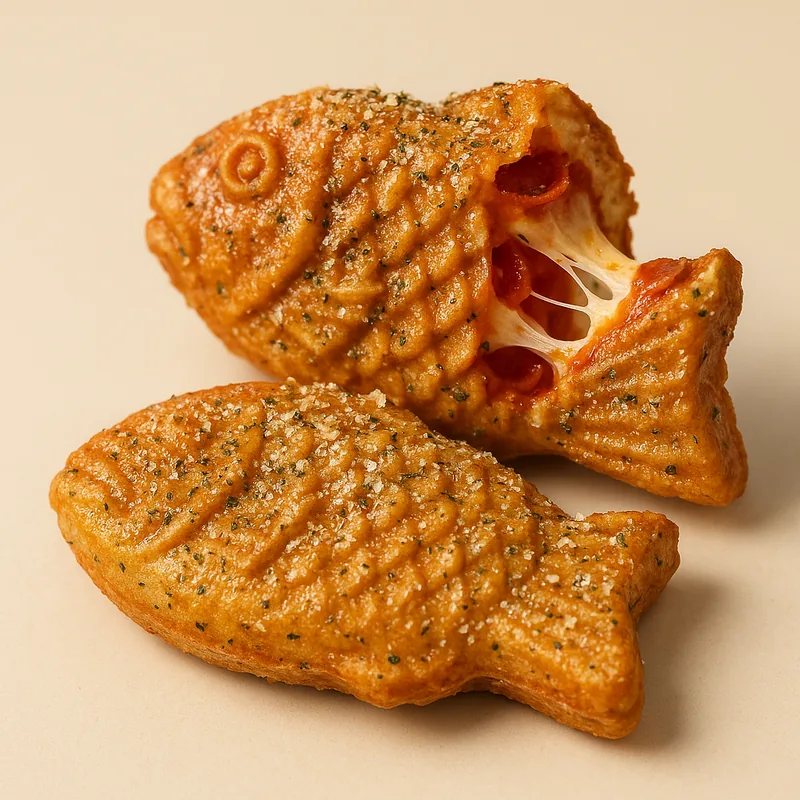 A savory taiyaki broken open to show pizza sauce, melted mozzarella and pepperoni.