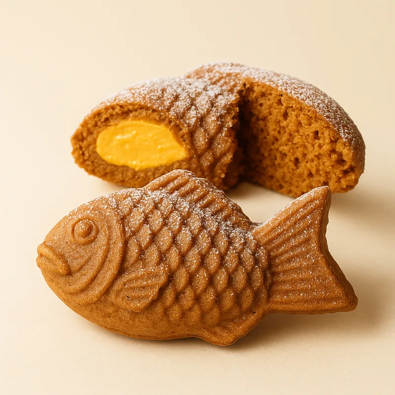 A pumpkin pie taiyaki dusted with powdered sugar.