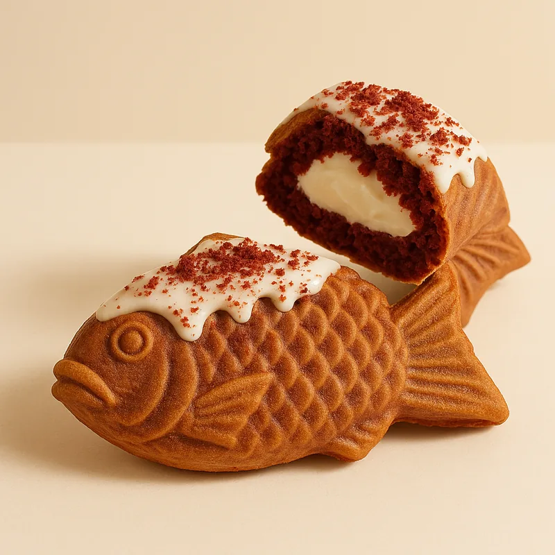 A red velvet taiyaki with cream cheese glaze and red cake crumbs.