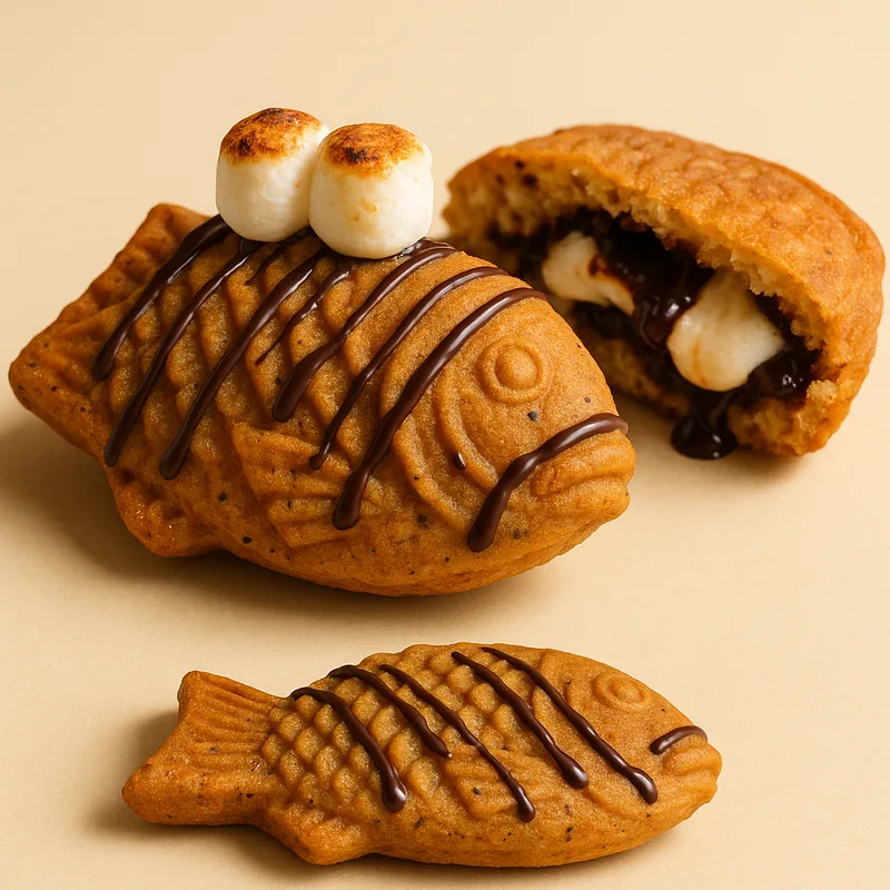 A s'mores taiyaki with torched marshmallows and chocolate drizzle.