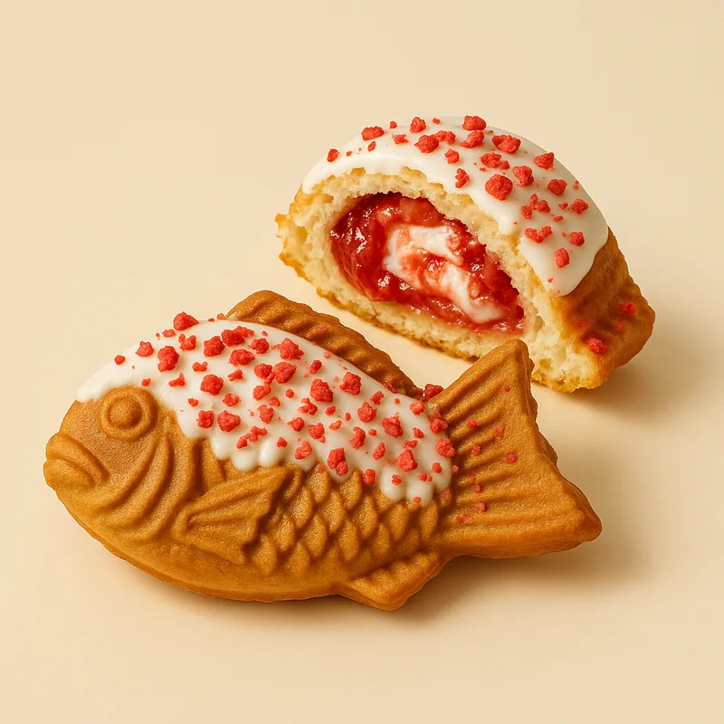 A strawberry shortcake taiyaki with glaze and freeze-dried strawberry pieces.